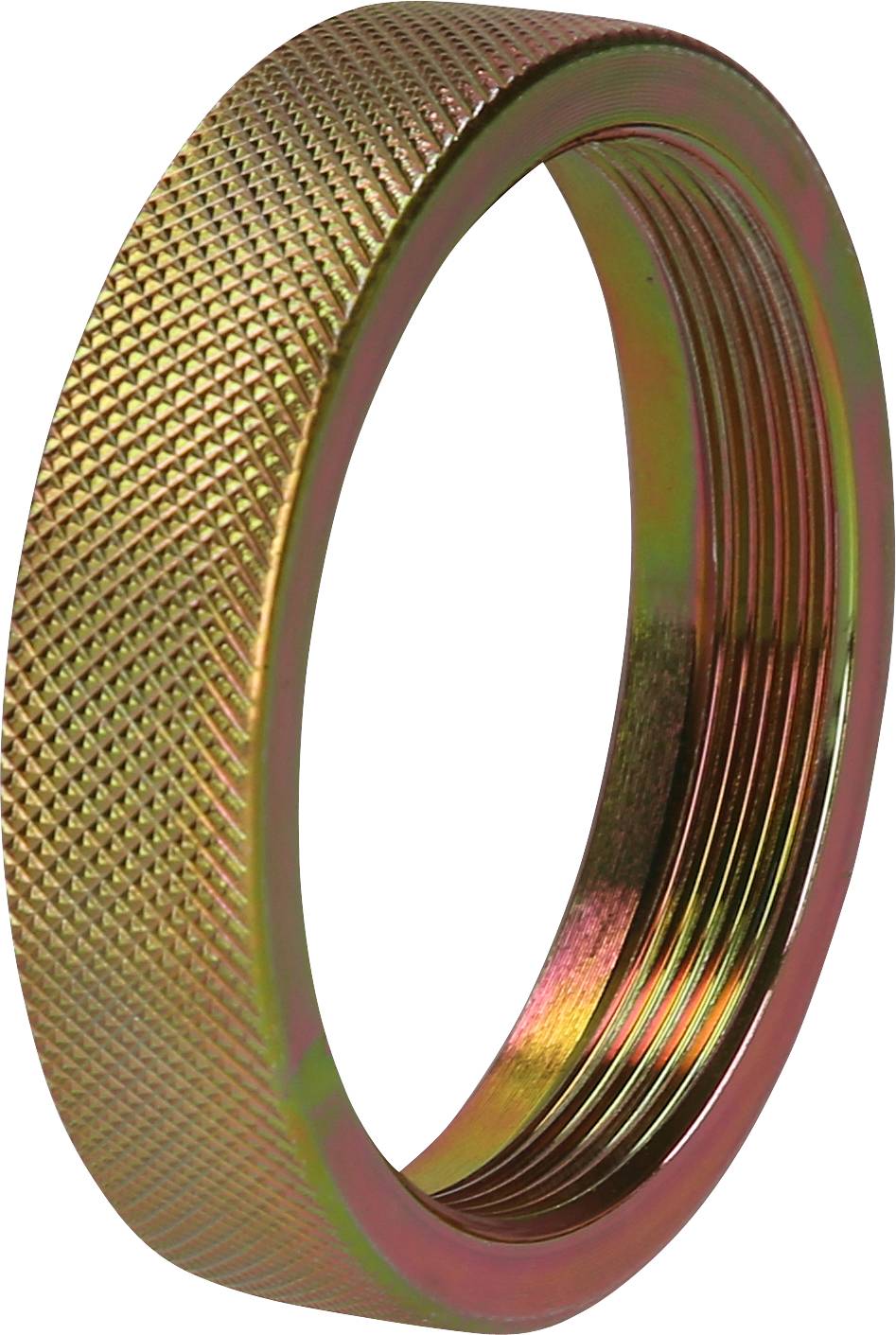 Gold-coloured metal ring with a ribbed surface, hollow, with internal threading.