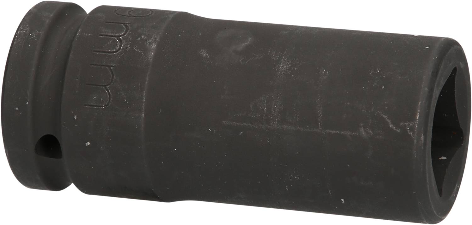 Black socket nut with hexagonal profile and applied markings, suitable for use with spanners or ratchets.