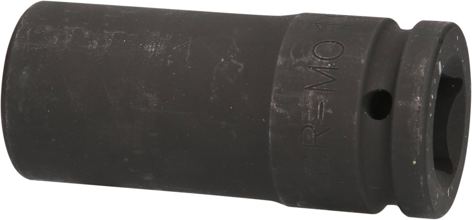 A black metal socket adapter with a hexagonal end, engraved with 'CR-MO', suitable for mechanical applications.