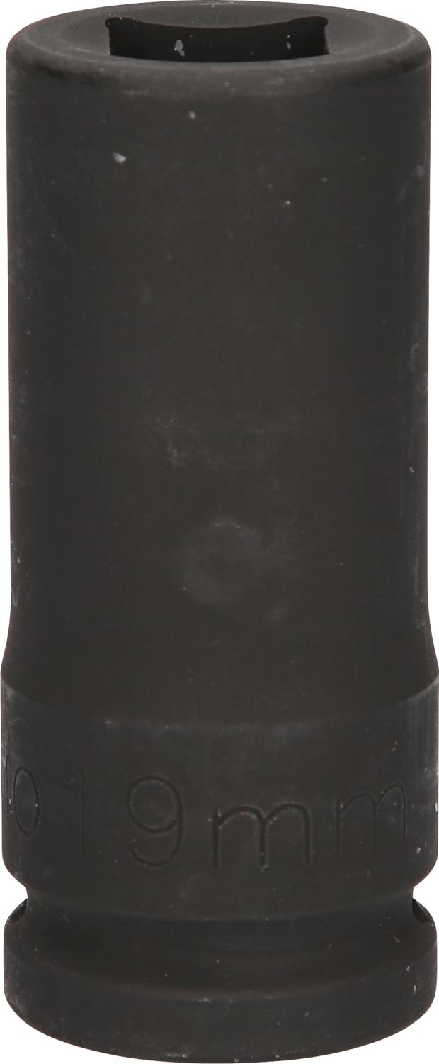 A black hexagonal socket with a six-sided opening, on which the size '19 mm' is engraved.