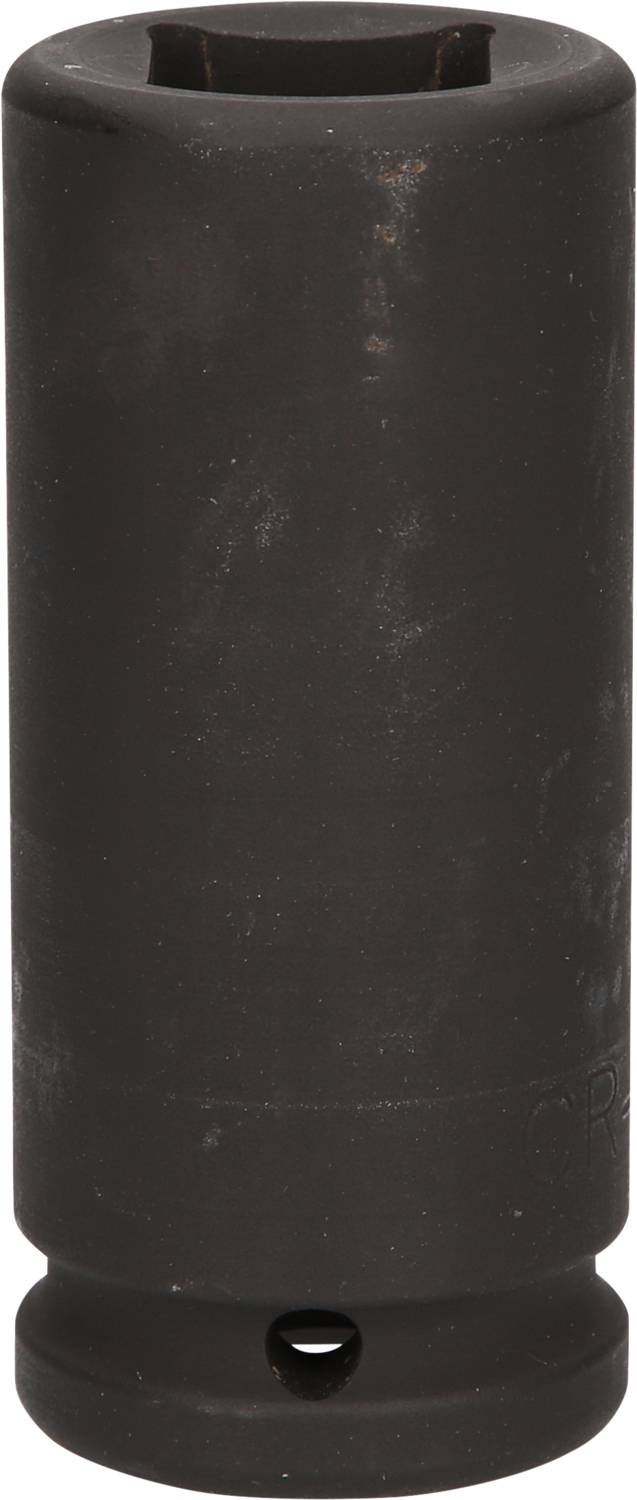 A black metal socket, cylindrical with a hexagonal opening, used for spanners or ratchets.