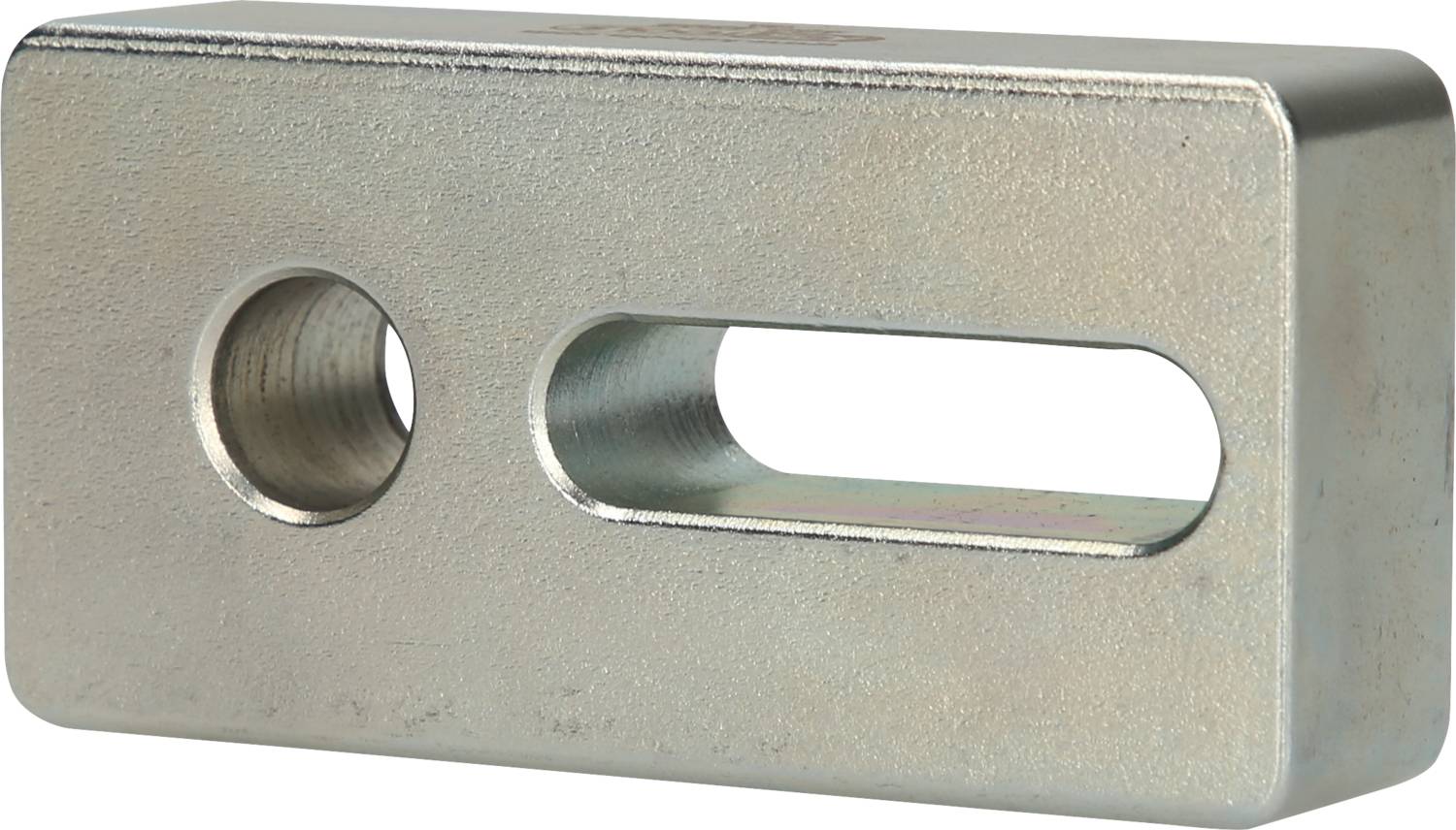 Metal block with a round and an elongated hole, commonly used in technical or industrial applications.