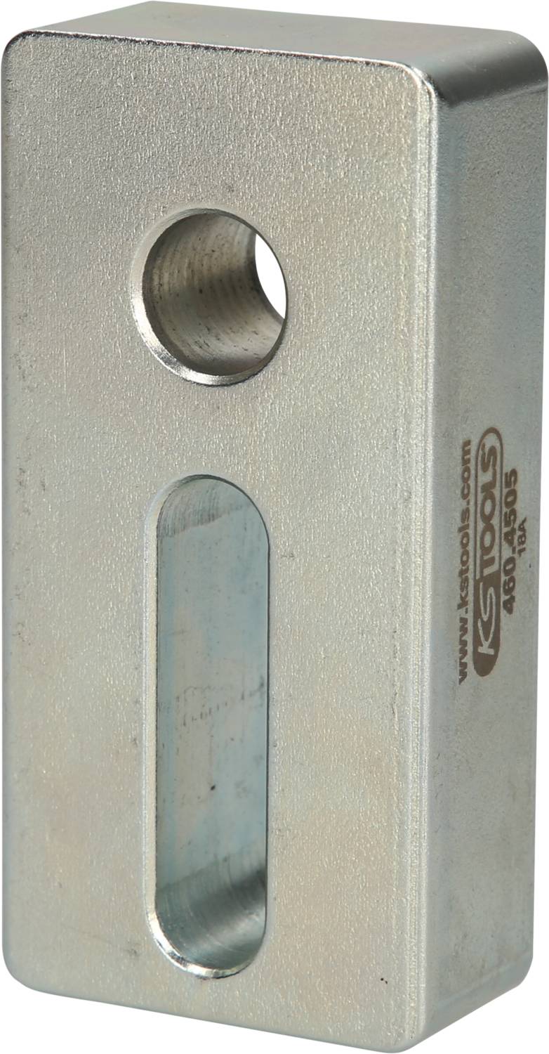 Metallic block with two openings: a round one at the top and an oval one underneath. The brand inscription is visible on the side.