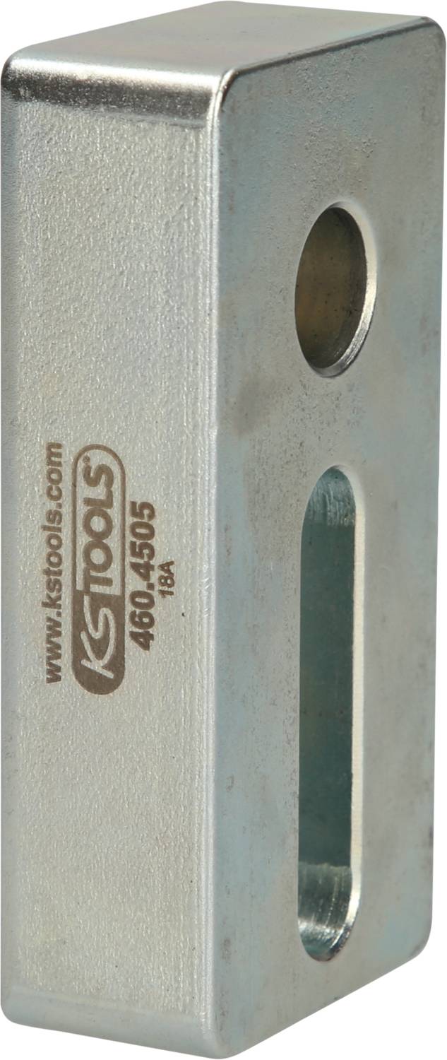 Rectangular metal block with two oval holes; on the side, logo, website and telephone number of KS Tools.