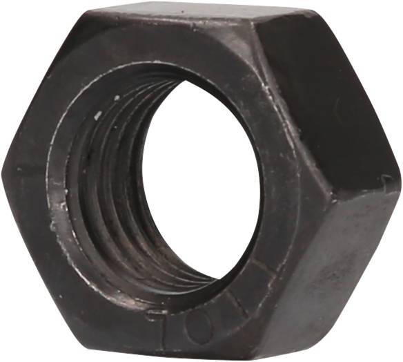 A black metal hexagonal nut, viewed from the side in perspective.