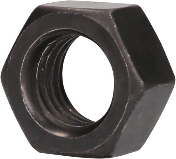 A black hexagonal nut with an internal thread, photographed from a half-profile angle.
