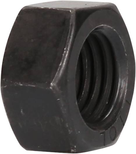 Hexagonal nut made of black metal with threading, isolated on white background.