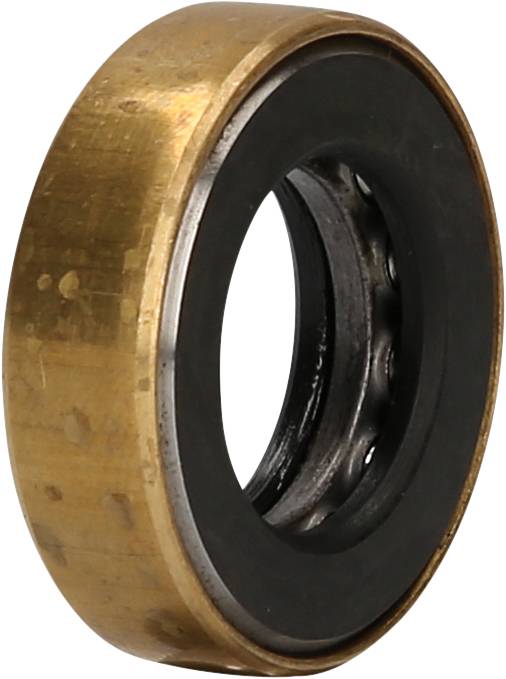 A radial ball bearing, consisting of an outer brass ring and an inner metal ring with balls in between.