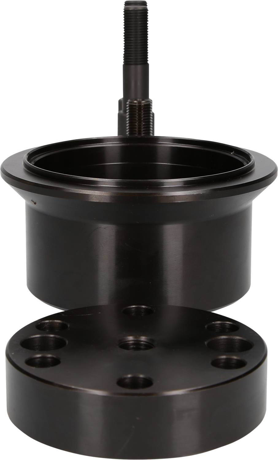 A cylindrical, black metal device with a connecting pin and a flange cover with multiple screw holes.