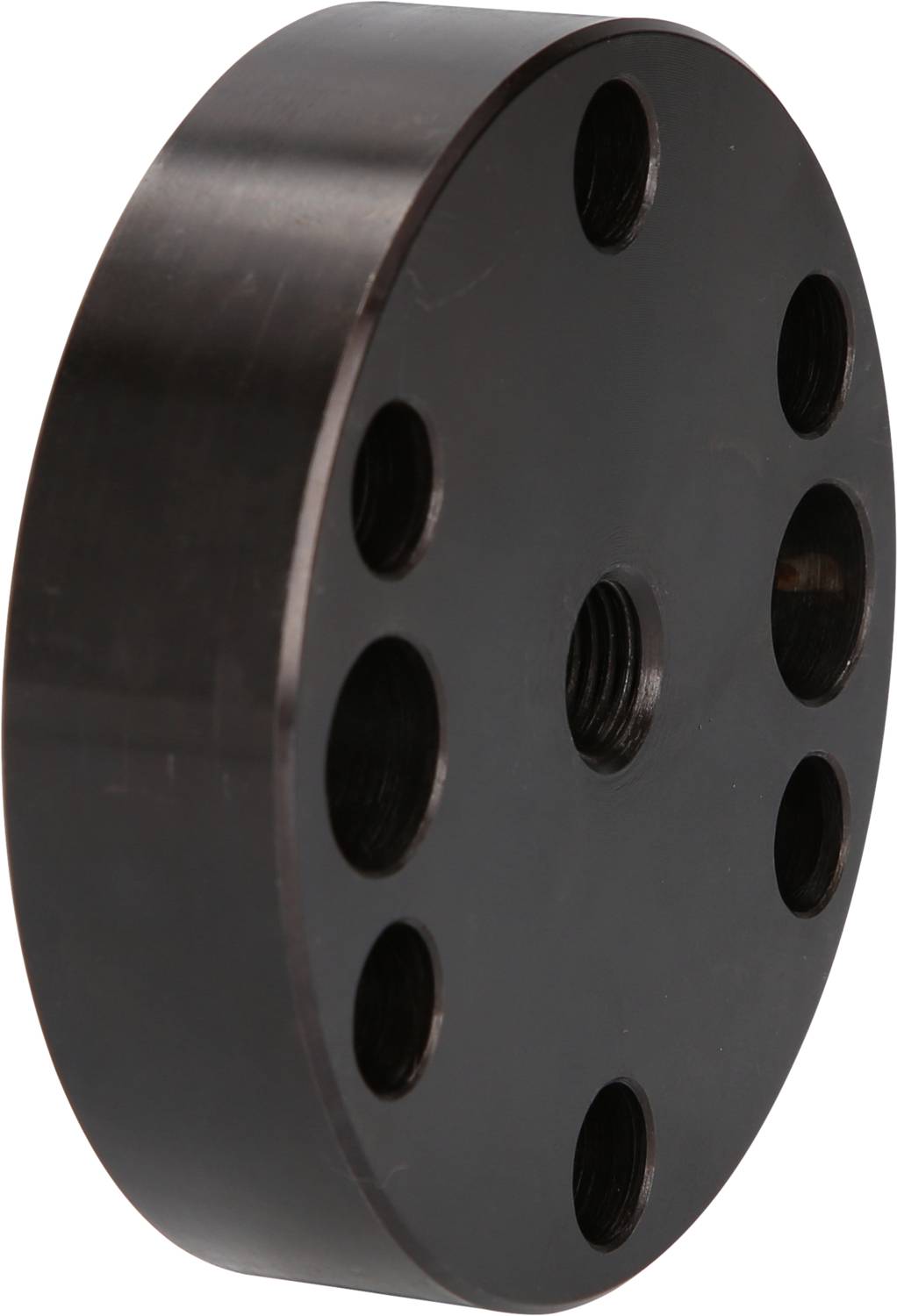 Black metal disc with multiple drill holes and a central threaded hole.