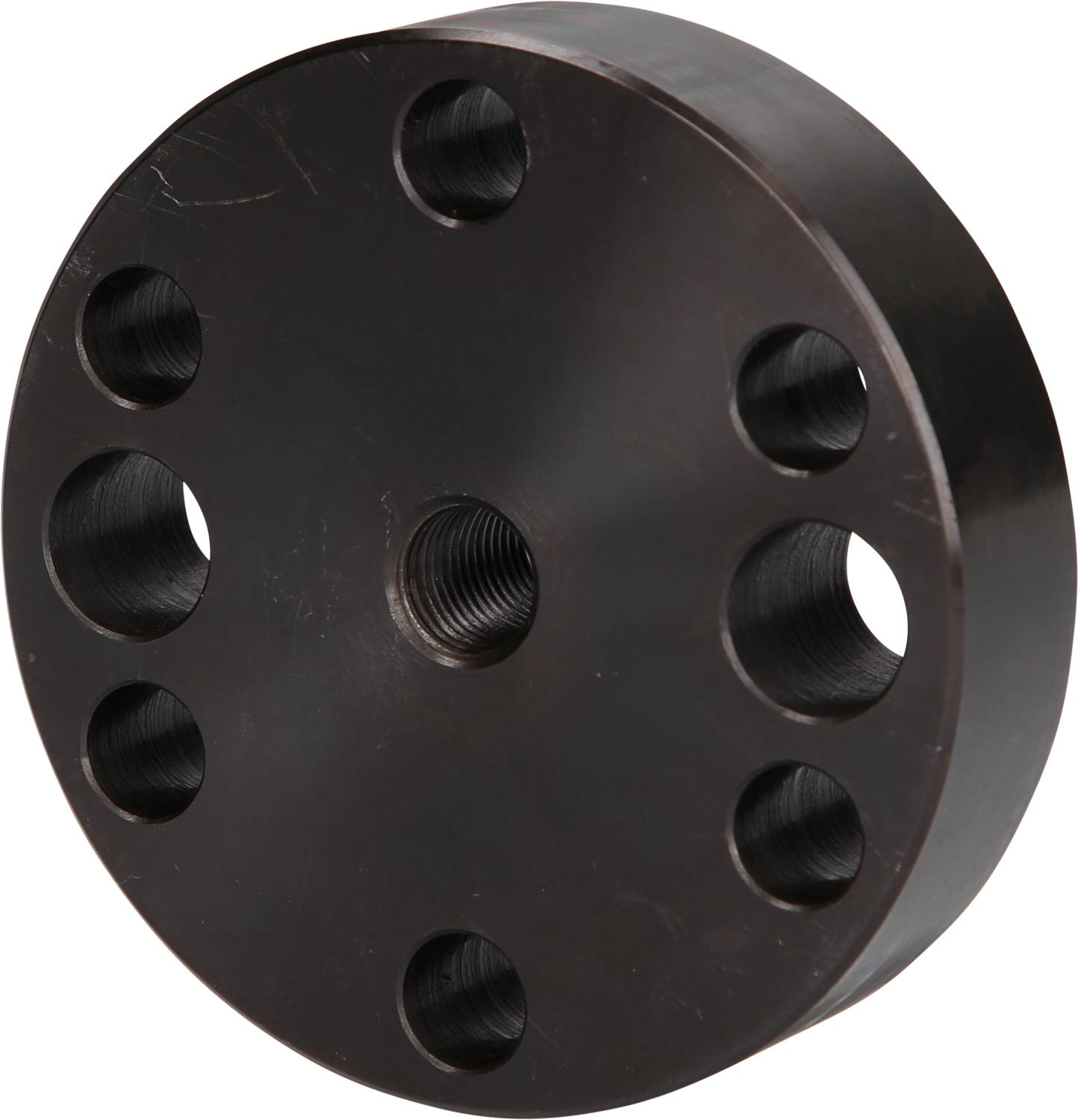 Round black metal disc with central thread and six symmetrically arranged holes.