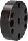 Black, round metal flange with multiple threaded holes, used for connecting pipes or other mechanical components.