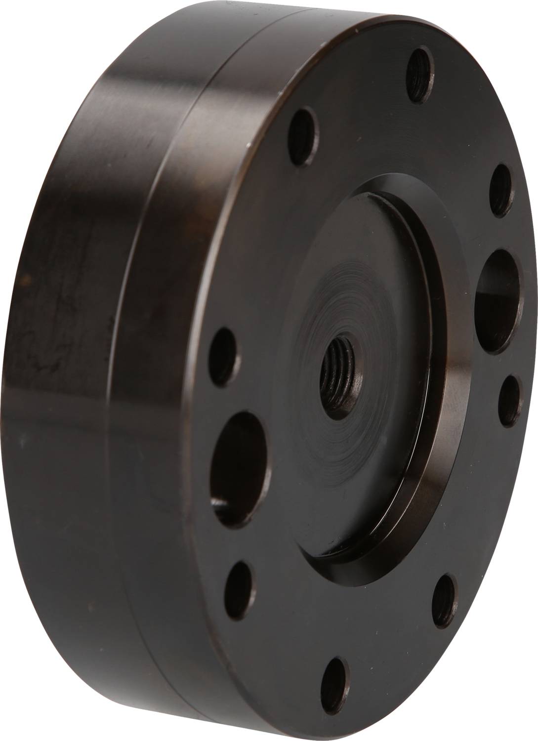 Metal disc with multiple drilled holes and a central recess, potentially part of a machine component used for fastening.
