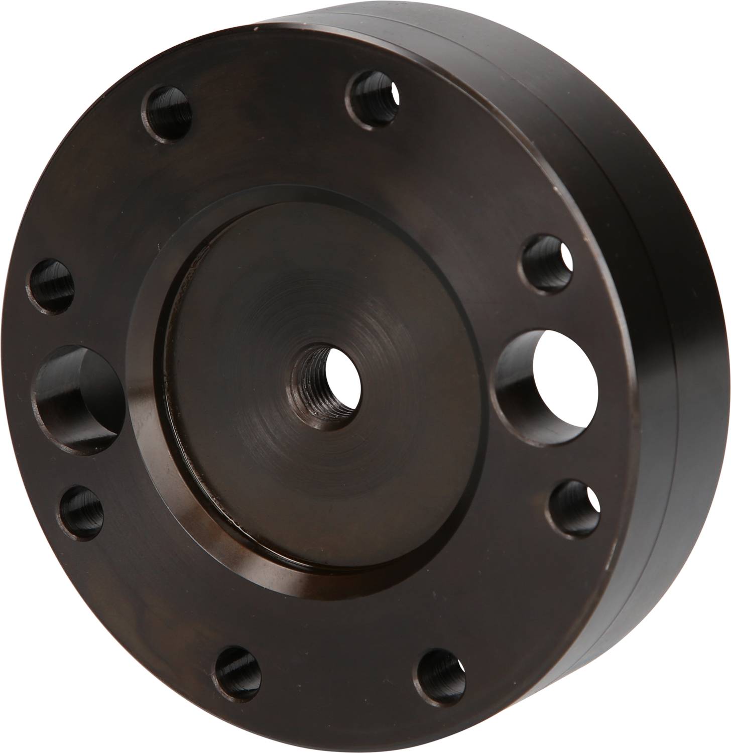 Metallic circular disc with multiple holes and a central threaded bore. Likely a mechanical engineering component.