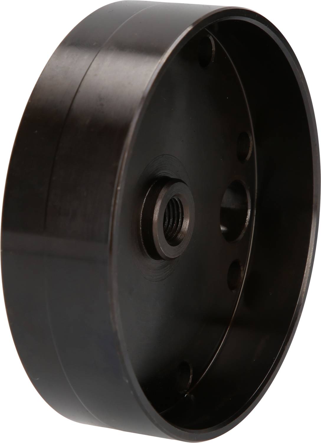 Black, round plastic wheel with a side screw opening and multiple holes, likely for technical or mechanical applications.