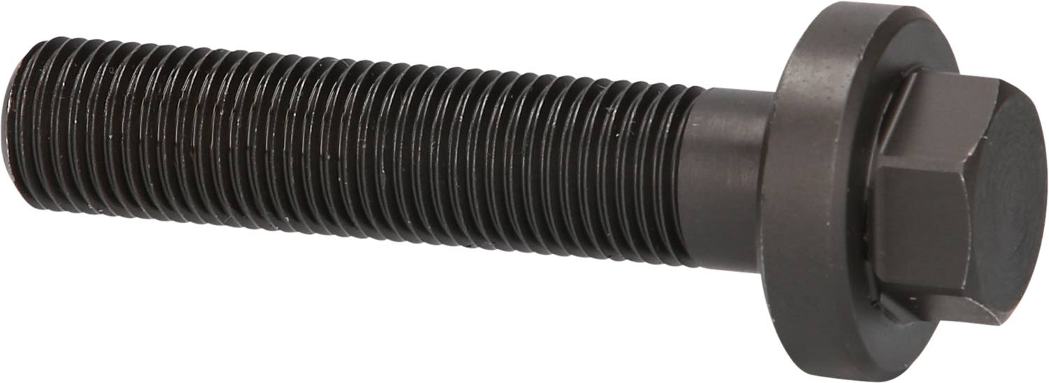Black hexagonal metal flange head screw, lying horizontally. The threaded part of the screw dominates the view.