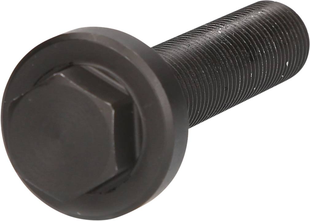 Black threaded screw with a hexagonal head, a typical fastening element for mechanical connections.