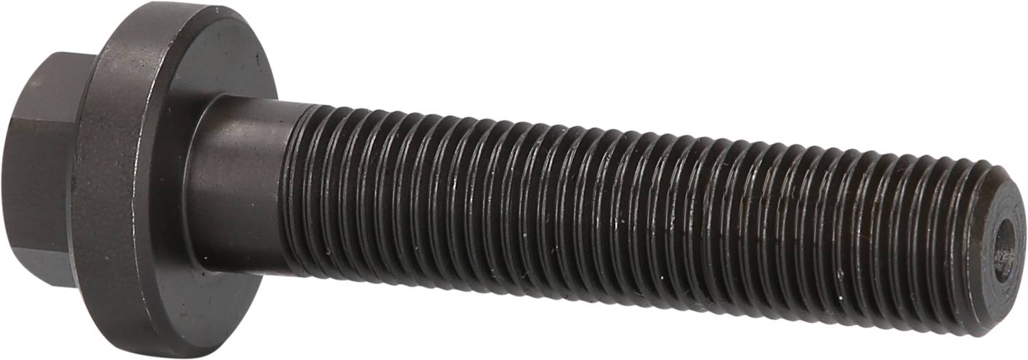 Six-sided bolt with full thread and large head, black, on white background.