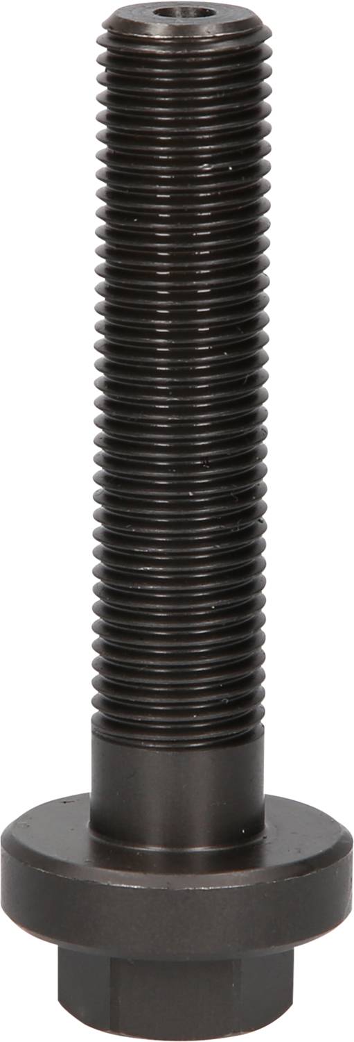 Black metal hex head screw with thread, vertically positioned.