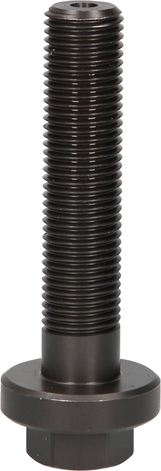 A black, long set screw with external thread and a hexagonal head underneath, standing freely against a white background.