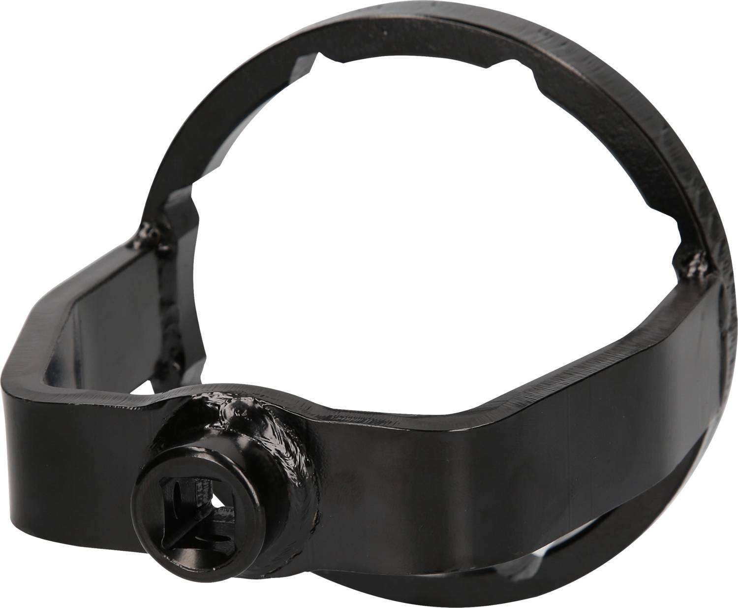 A black metal tool with a circular frame and an integrated screw mount, likely for technical applications.