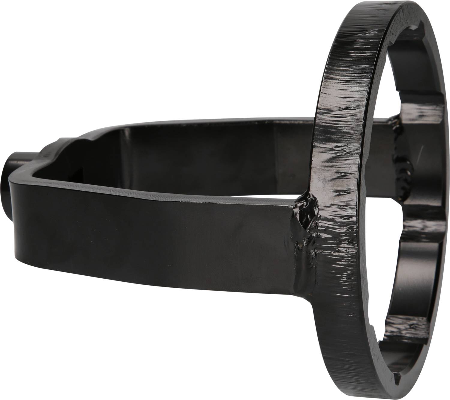 Black metal component with circular and angular structure, smooth and lustrous.
