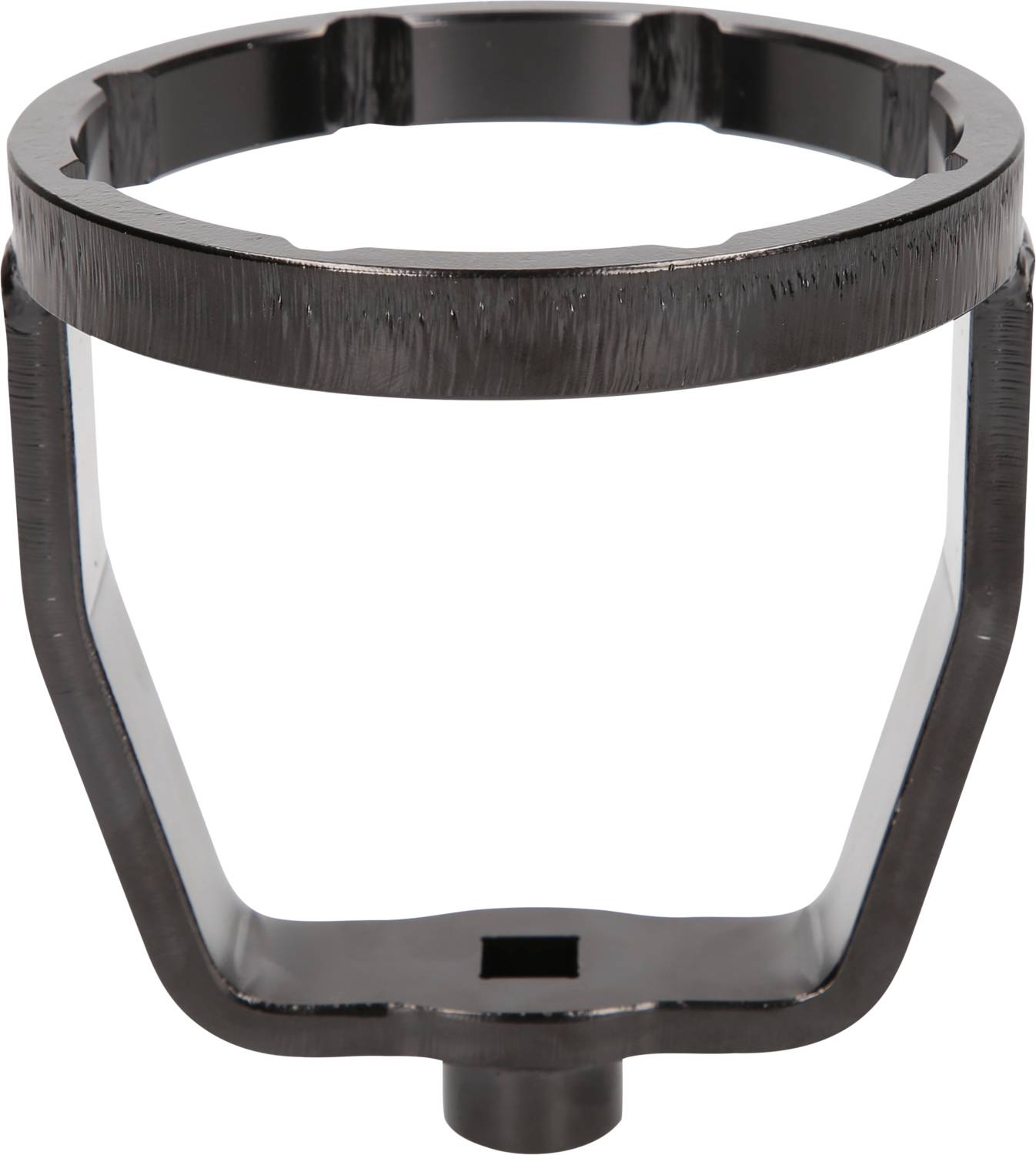 A black metal ring with a square opening, similar to a coffee filter holder, on a white background.