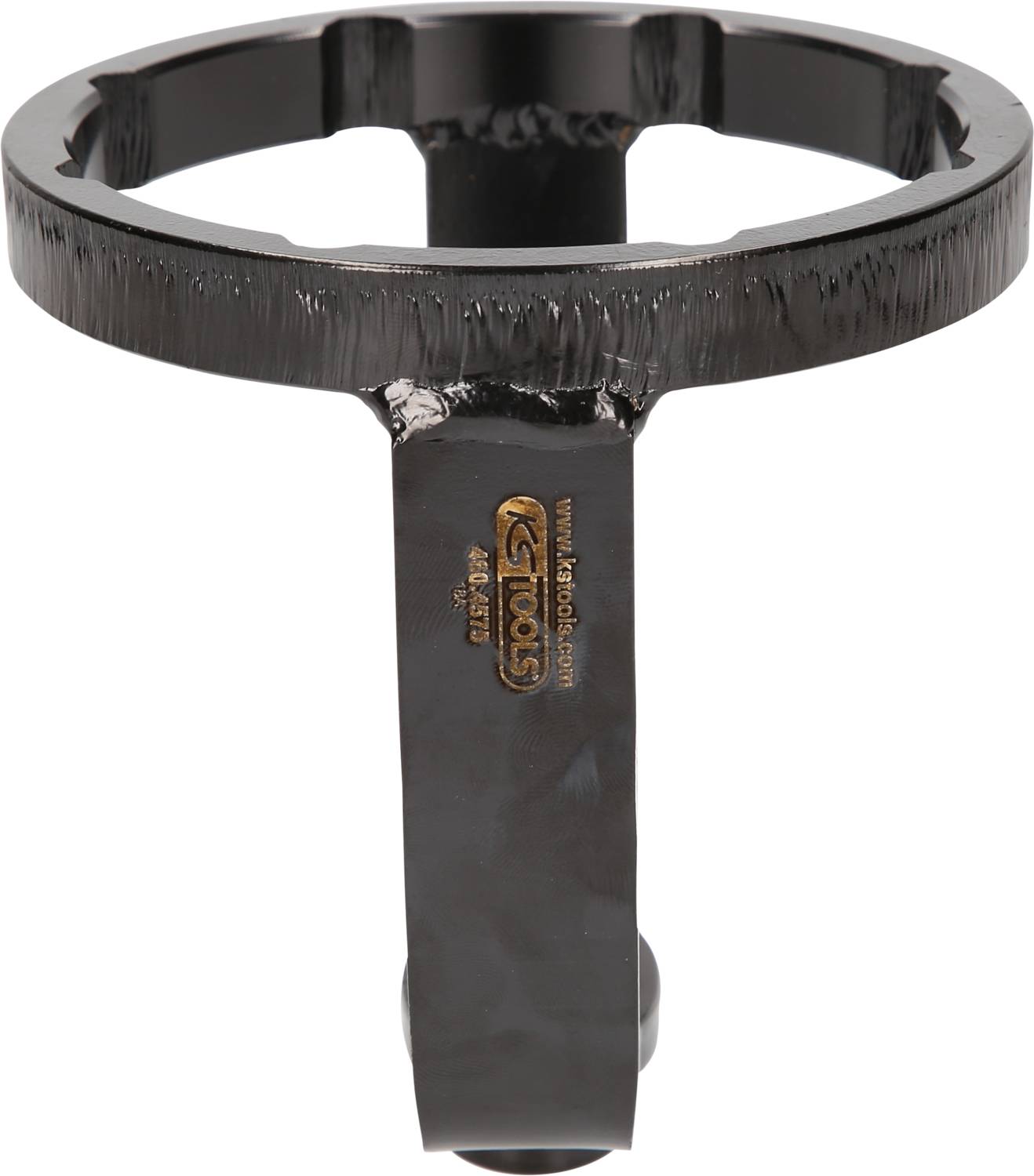 A black metallic tool with a round head, suitable for gripping or turning objects. Robust construction for industrial use.