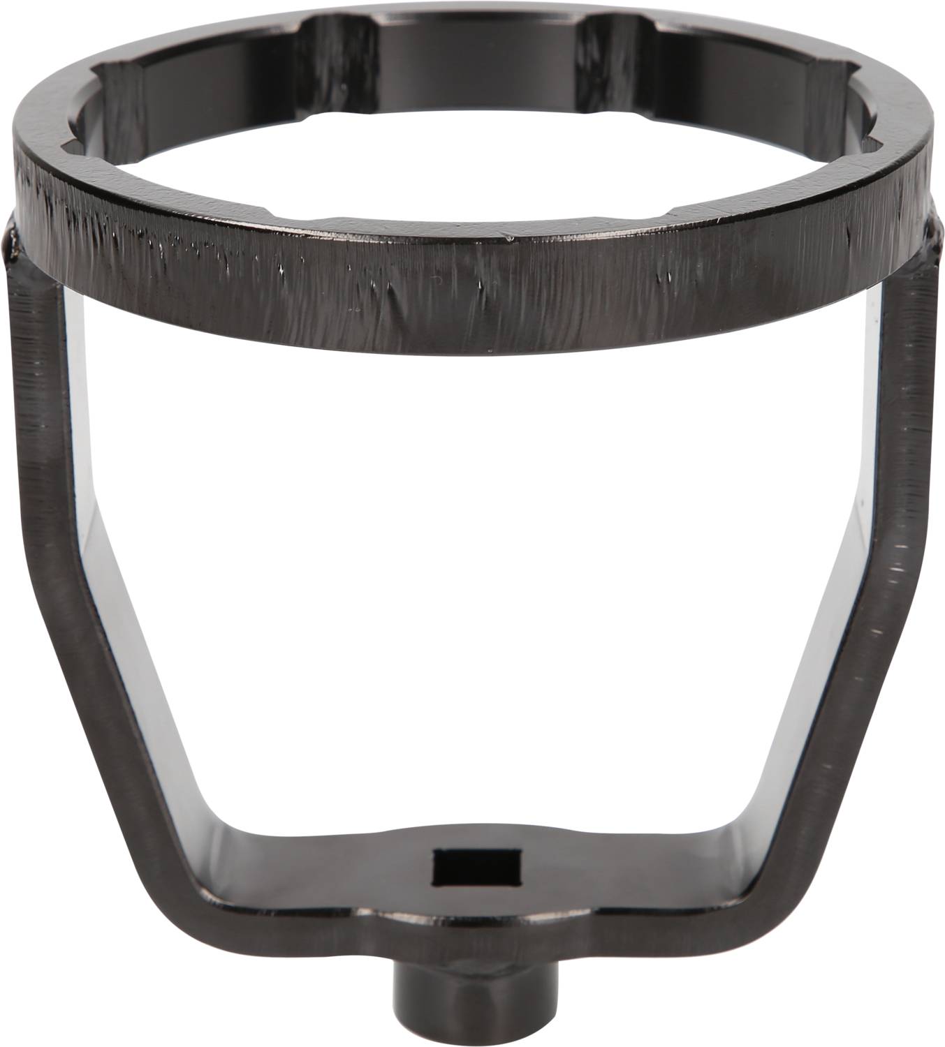 A black, metallic device that looks like a filter holder or mounting bracket. It has multiple edges and curves.