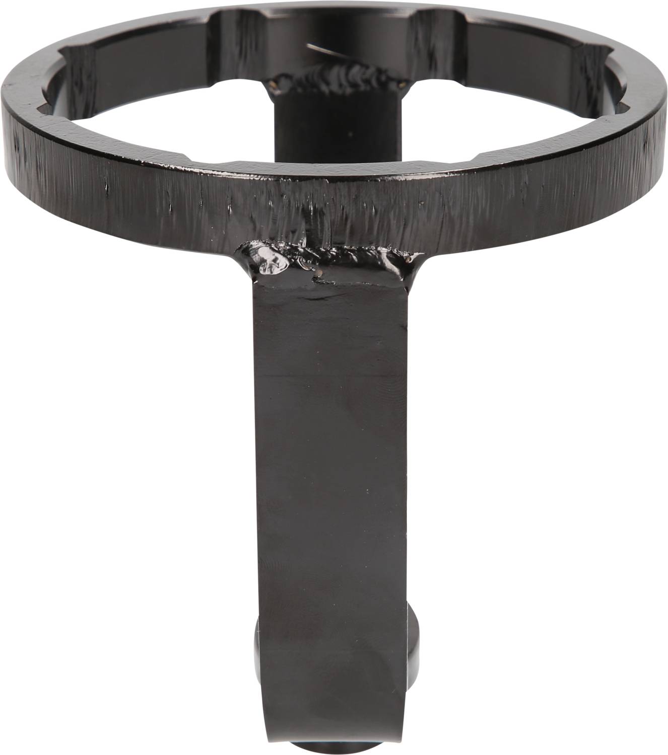 Black metal mounting bracket in a circular shape with a vertical support at the bottom. Suitable for technical or industrial applications.