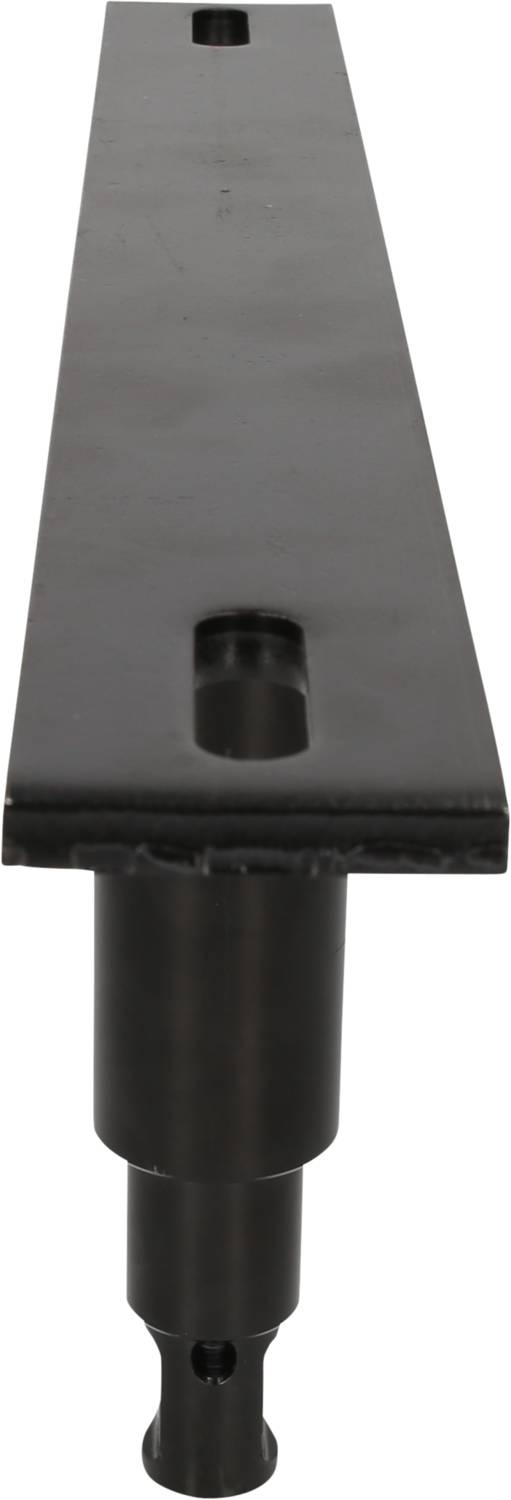 Metal plate with two drill holes and a cylindrical pin beneath. Suitable for fixing or mounting.