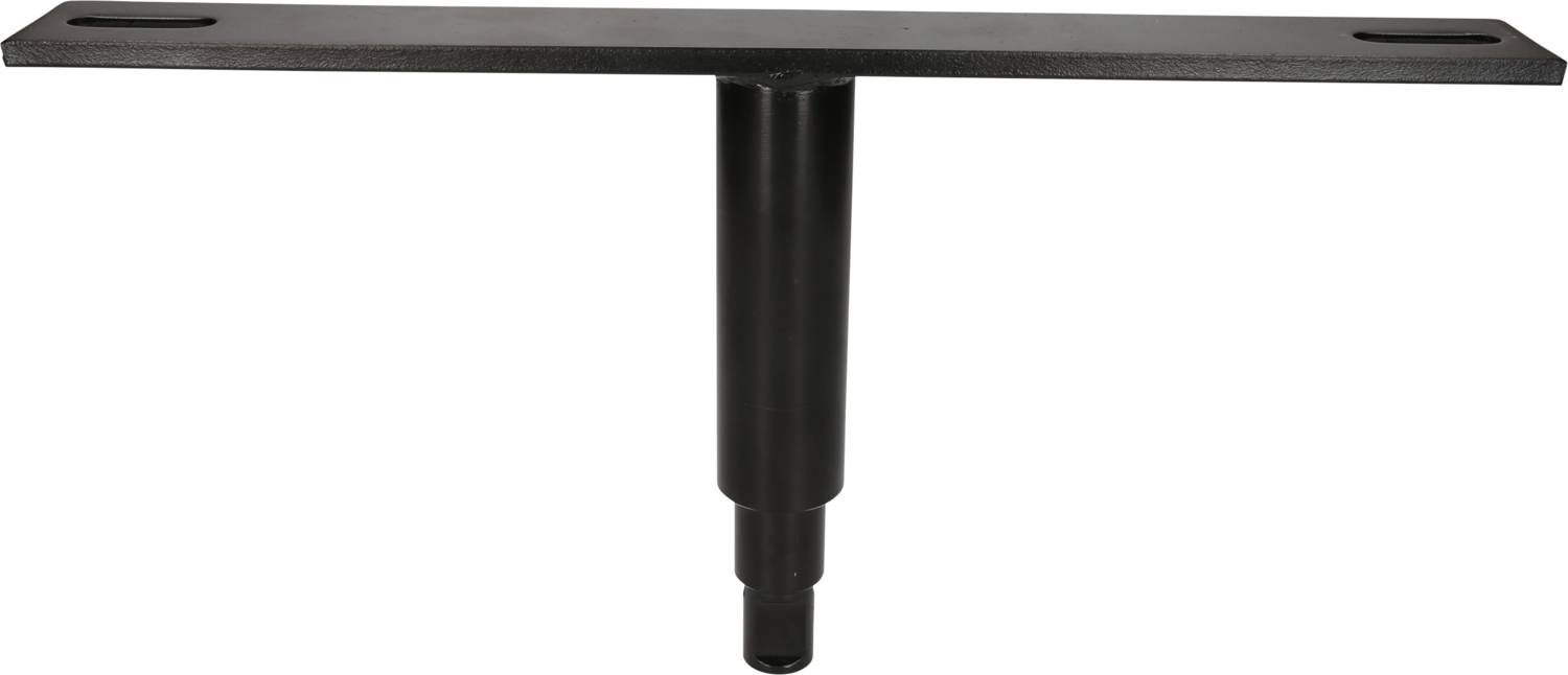 Black T-shaped metal bracket with a central cylindrical support leg, suitable for fixings or as a support.
