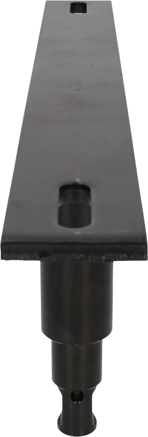 Black metal piece with a rectangular flat section and a circular extension beneath it, potentially part of a machine construction.