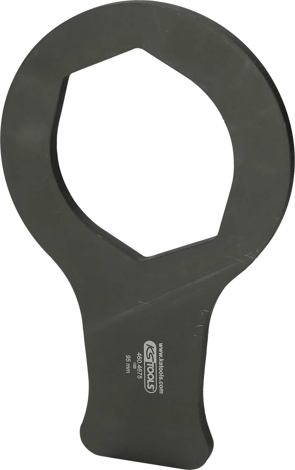 Black ring spanner with a hexagonal opening, used for loosening or tightening large nuts or connections.