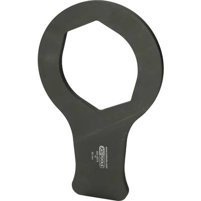 Black ring spanner with a hexagonal opening, used for loosening or tightening large nuts or connections.