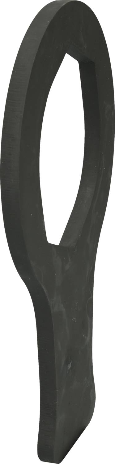 Black, oval plastic insert in a flat form.