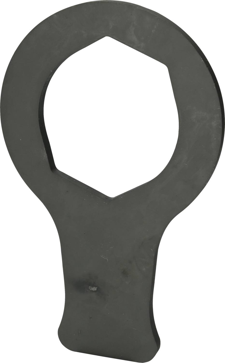 Metal key with a hexagonal opening, probably used for tightening or loosening screws or nuts, on a white background.