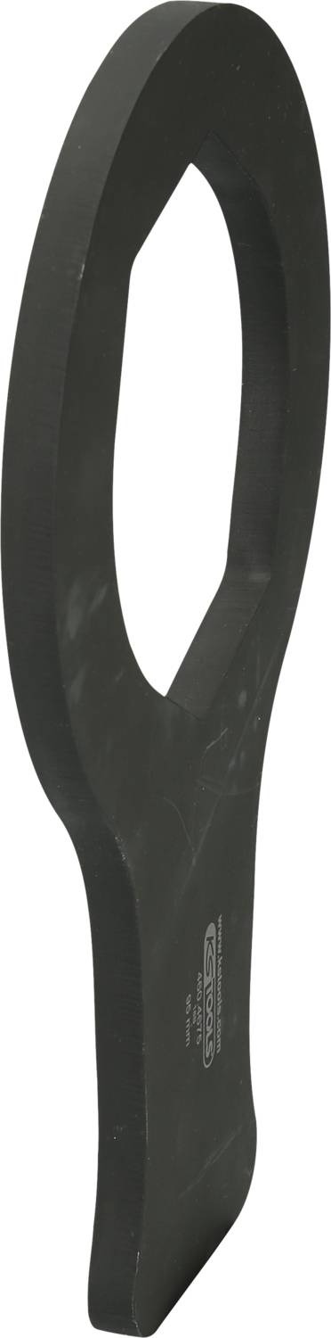 Black metal ring spanner, elongated with an oval opening, positioned diagonally. Tool for technical applications.