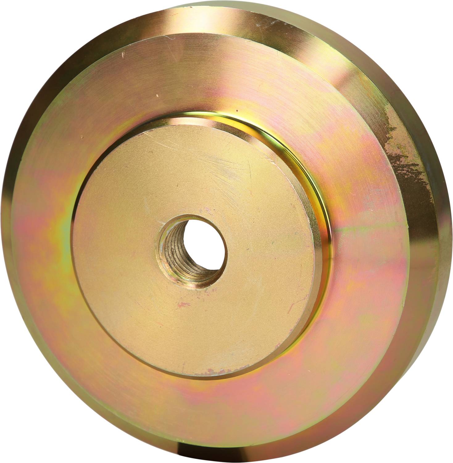 A metallic, round belt pulley with a central hole, possibly part of a mechanical component, against a white background.