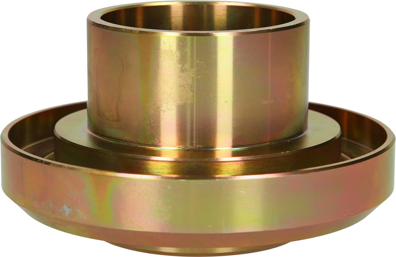 Metal cylindrical bush, hollow on the outside. Industrial component, potentially part of machinery or mechanical equipment.