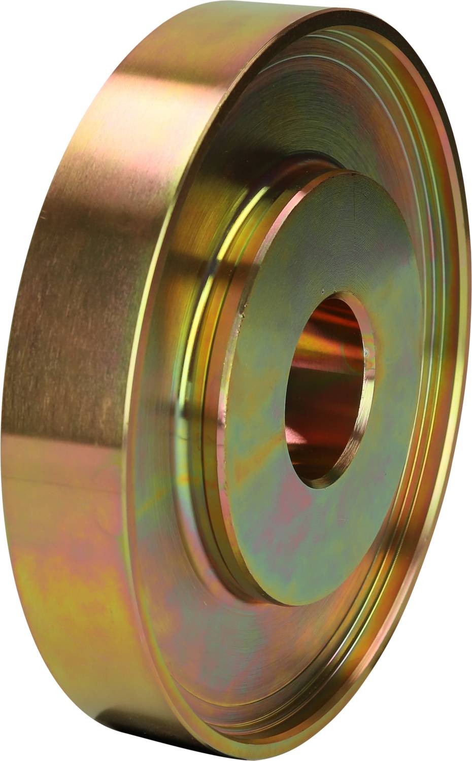 Metal disc with radial grooves and central hole, surface with a shimmering golden hue.