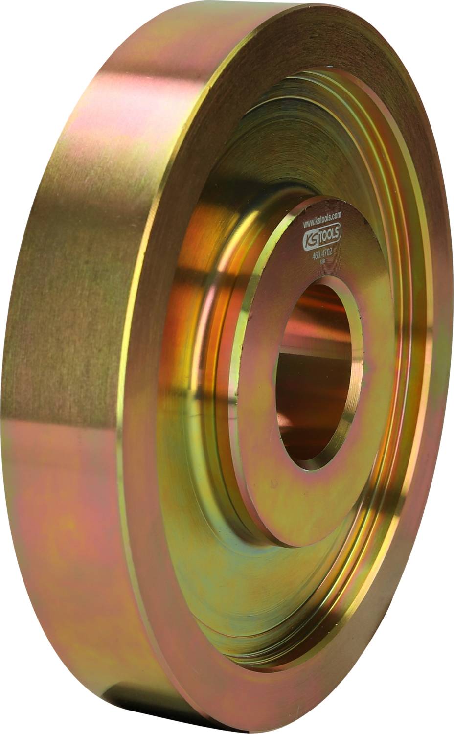 A bronze-coloured metal wheel with a smooth surface and a central opening, suitable for mechanical applications.