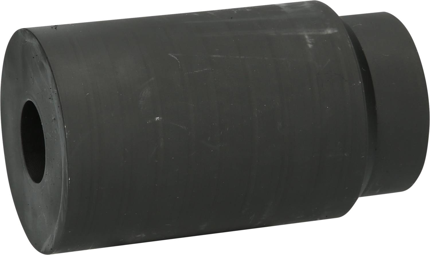 Black rubber buffer, cylindrical, solid material, without visible markings or openings, serves to absorb shock.