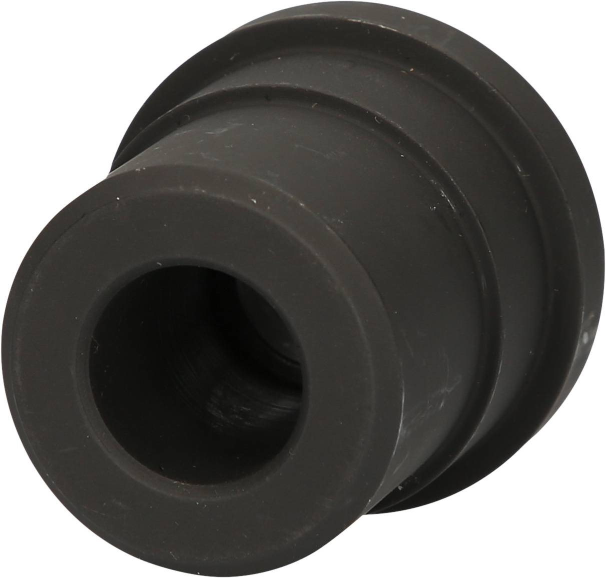 Black, cylindrical rubber component with a wider rim at one end. Potentially a part for a mechanical application.