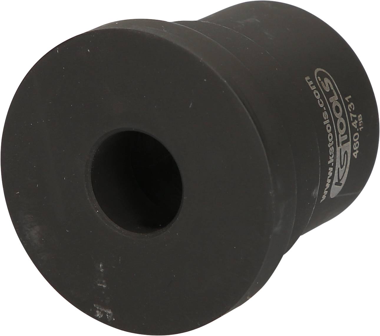 Black powder-coated, cylindrical KS Tools socket with a central aperture, suitable for professional tool use.
