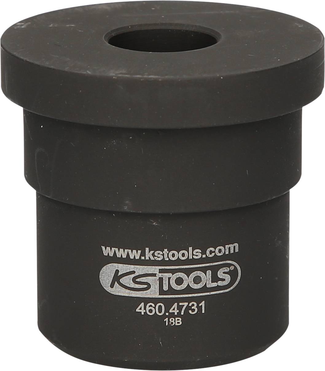 'KS Tools' adapter with the inscription 'www.kstools.com, 460.4731, 18B'. Black cylindrical tool accessory.
