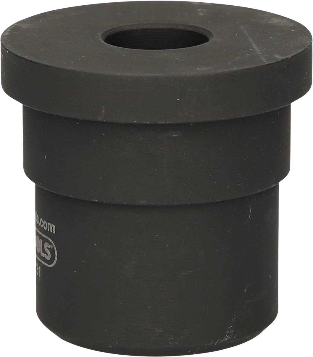 Black rubber seal in cylindrical form with a broad rim and central opening. Used as a seal or closure in pipe systems.