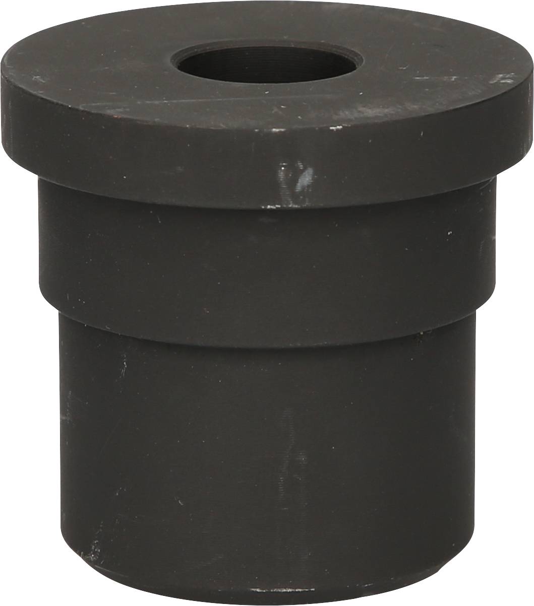Black, cylindrical rubber bung with a wide rim and a hole in the centre, used for sealing openings.
