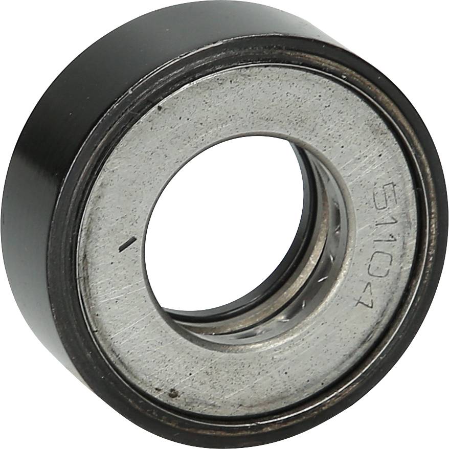 Metal ball bearing in close-up, silvery-grey with a black outer rim.