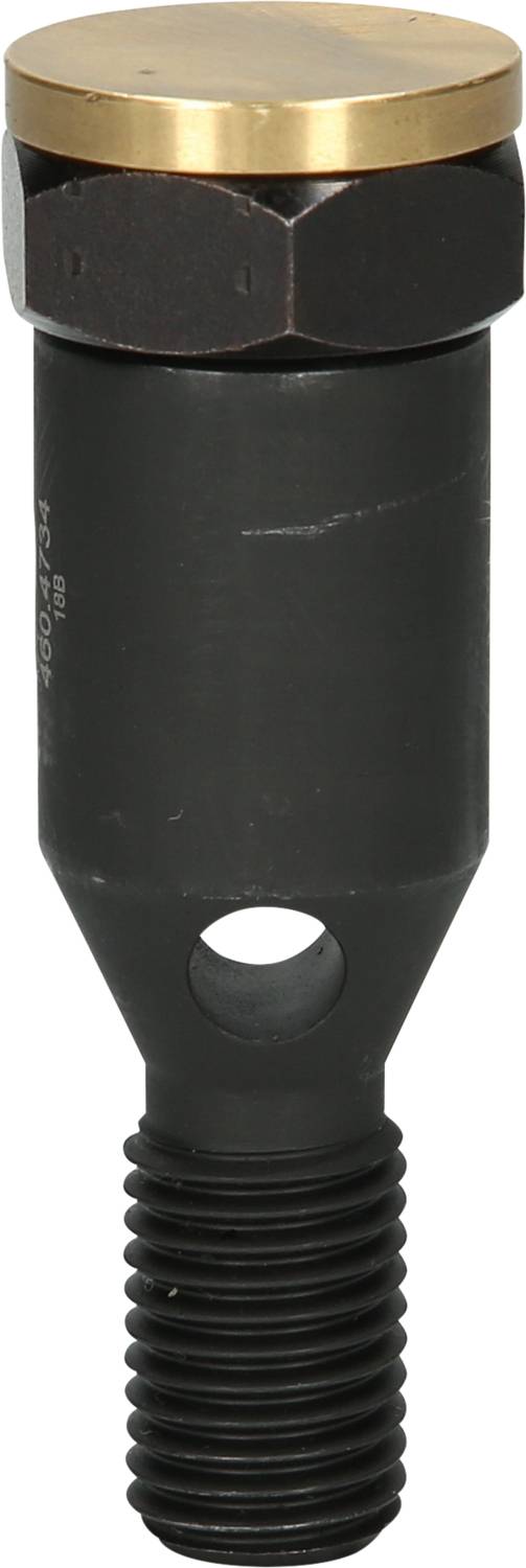 Threaded bolt with a round brass cap and black threading. Used for securely fastening machine or vehicle components.